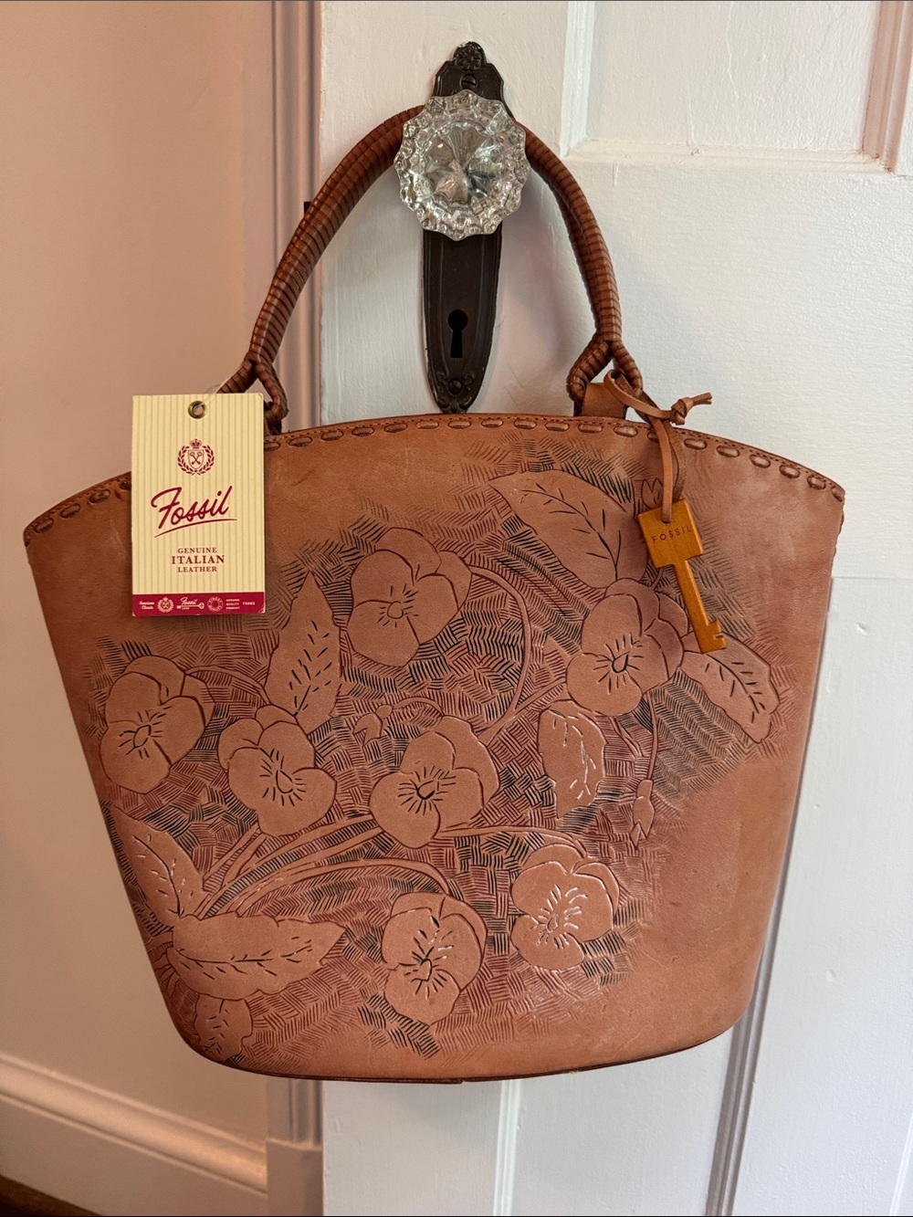NEW Fossil Tan Floral Embossed Leather Tote with Braided Handles